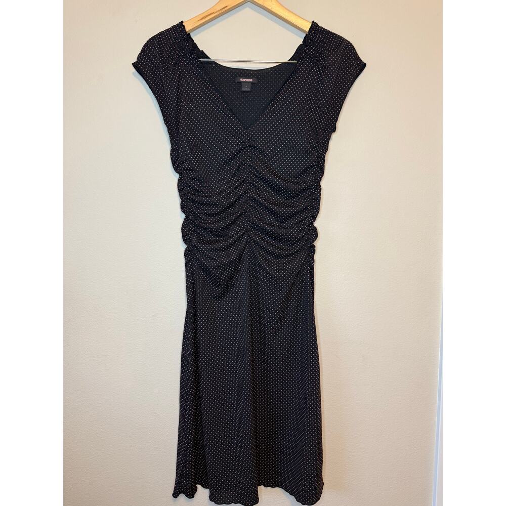 Express Y2k black dress with pink polka dots and ruched
